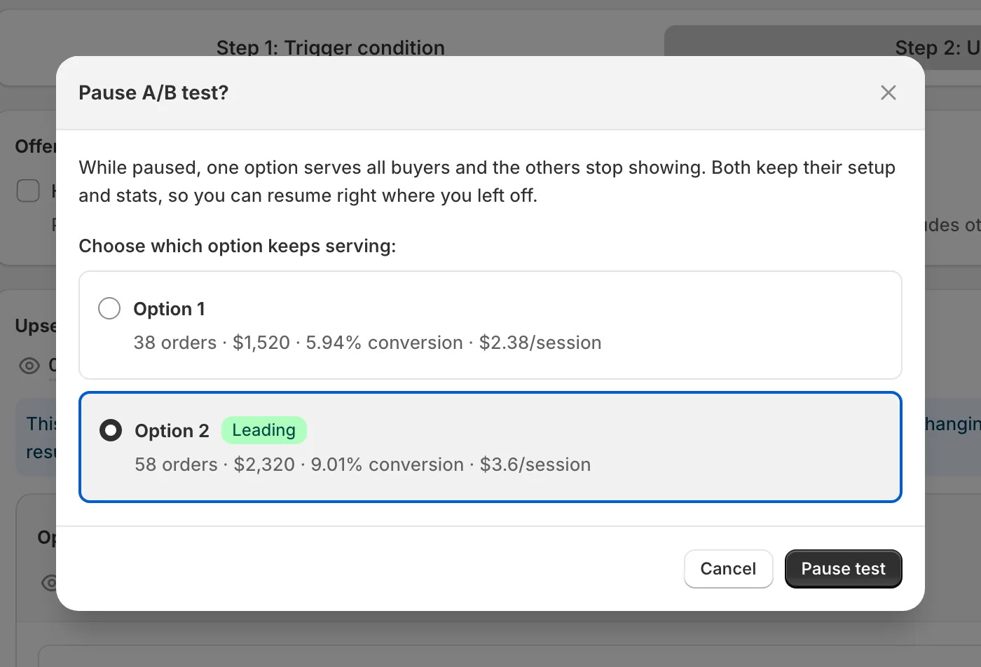 Pause A/B test window for choosing which option keeps serving customers