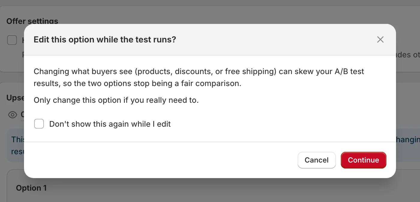 A/B test option marked with the Edited badge after a change