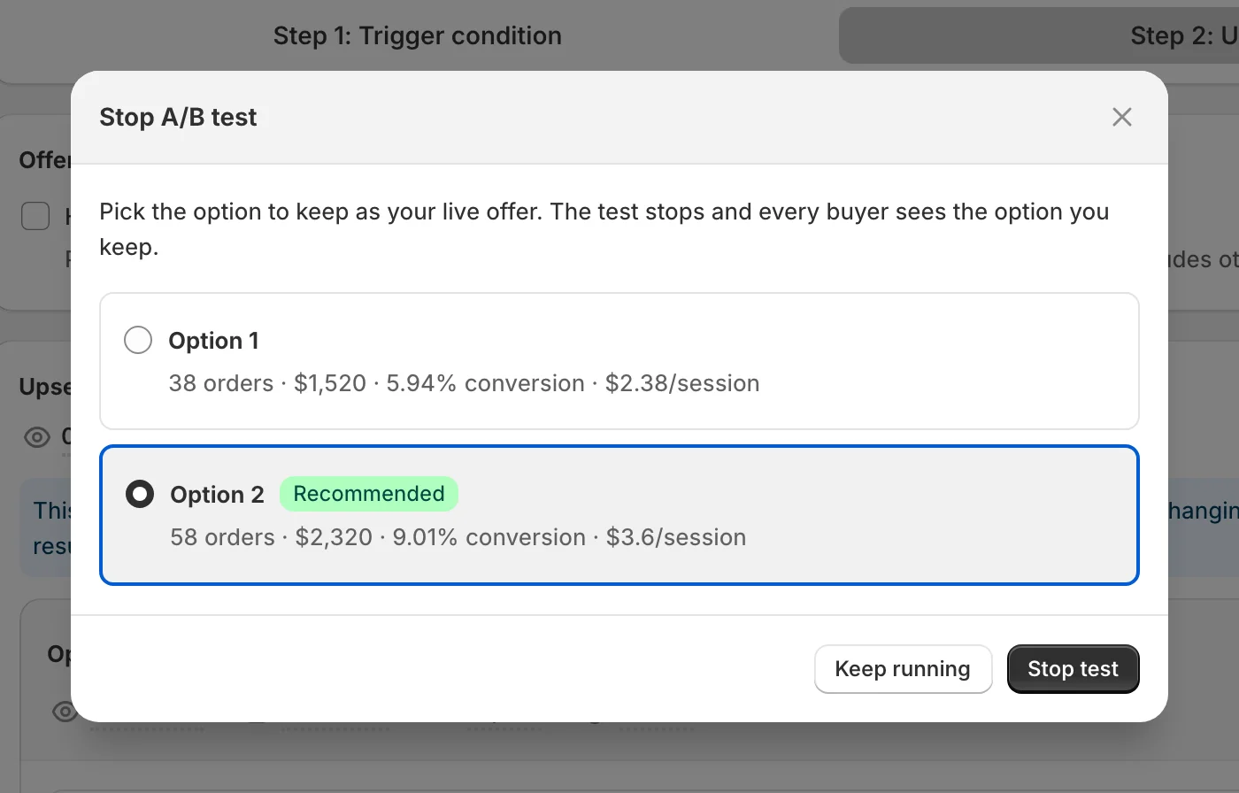 Stop A/B test window showing the results for each option and the Recommended badge